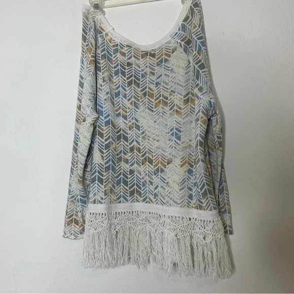 Free people geometric blue yellow white fringe macrame long sleeve top sz Large - Picture 6 of 10